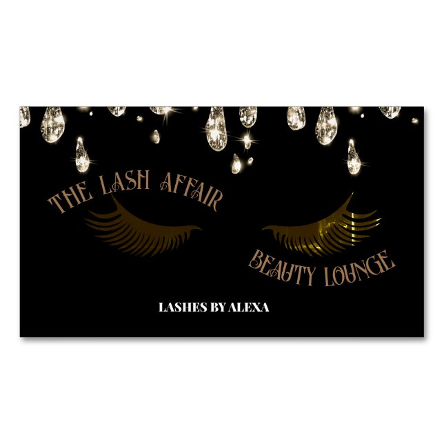 luxury chic black and gold dripping QRcode lashes  Magnetic Business Card (Front)