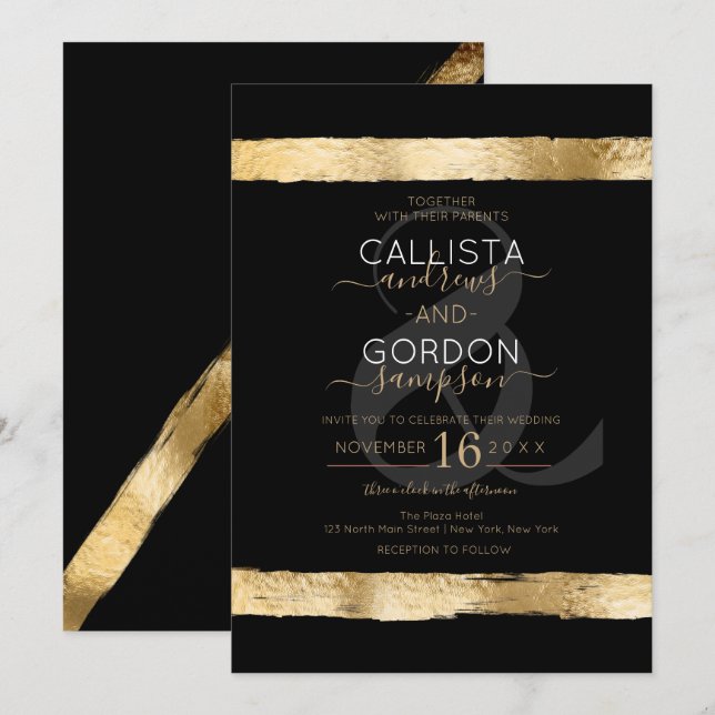 Luxury Chic Black Gold Brushstroke Border Wedding Invitation (Front/Back)