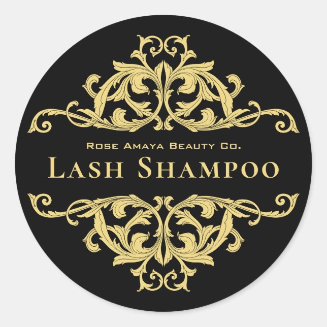Luxury Chic Black Gold Damask Lash Cleanser Classic Round Sticker (Front)