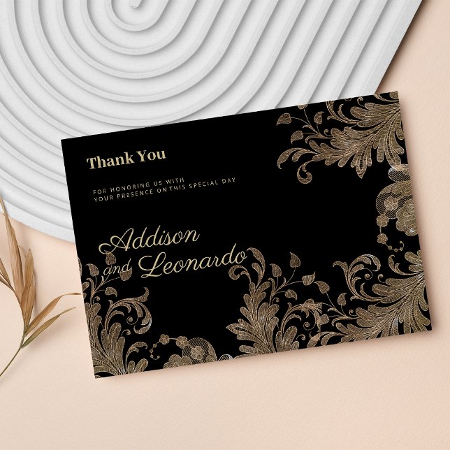 Luxury chic black gold floral lace Thank You  Invitation (Luxury chic black gold floral lace Thank You)