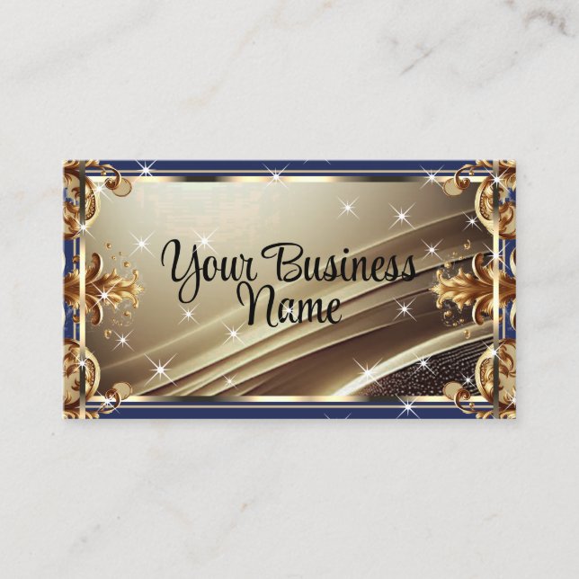 Luxury Chic Black Gold Royal Blue Ombre Ornate Business Card (Front)
