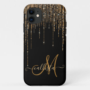 Luxury Chic Black Gold Sparkly Glitter Fringe iPhone 11 Case