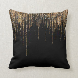 Luxury Chic Black Gold Sparkly Glitter Fringe Cushion