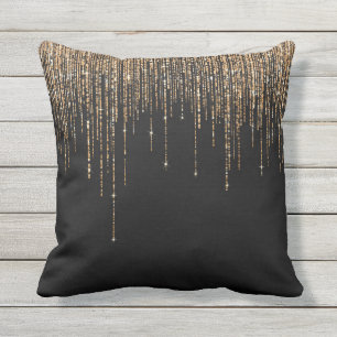 Luxury Chic Black Gold Sparkly Glitter Fringe Cushion
