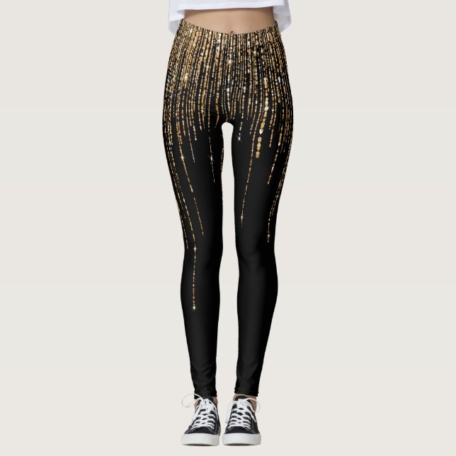 Luxury Chic Black Gold Sparkly Glitter Fringe Leggings (Front)