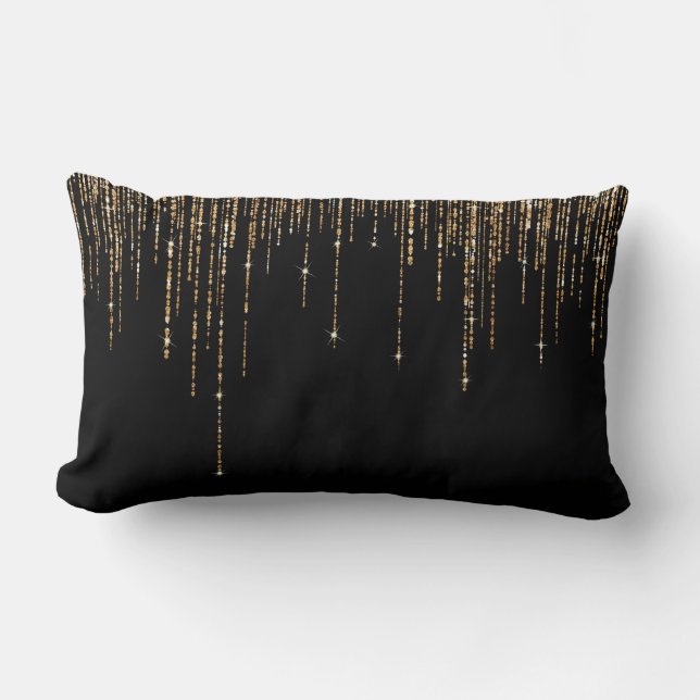 Luxury Chic Black Gold Sparkly Glitter Fringe Lumbar Cushion (Front)