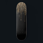 Luxury Chic Black Gold Sparkly Glitter Fringe Skateboard<br><div class="desc">This glamourous and luxury print is the perfect design for the stylish and trendy woman. It features a faux sparkly gold glitter fringe curtain with faux glitter typography on top of a simple black background. It's an elegant, chic, trendy, and modern bling design with a Hollywood vibe! ***IMPORTANT DESIGN NOTE:...</div>