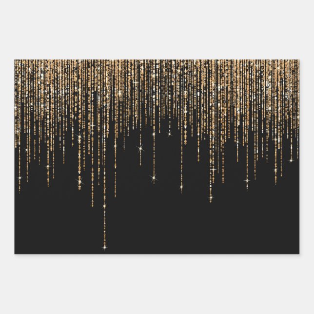 Luxury Chic Black Gold Sparkly Glitter Fringe Wrapping Paper Sheet (Front)