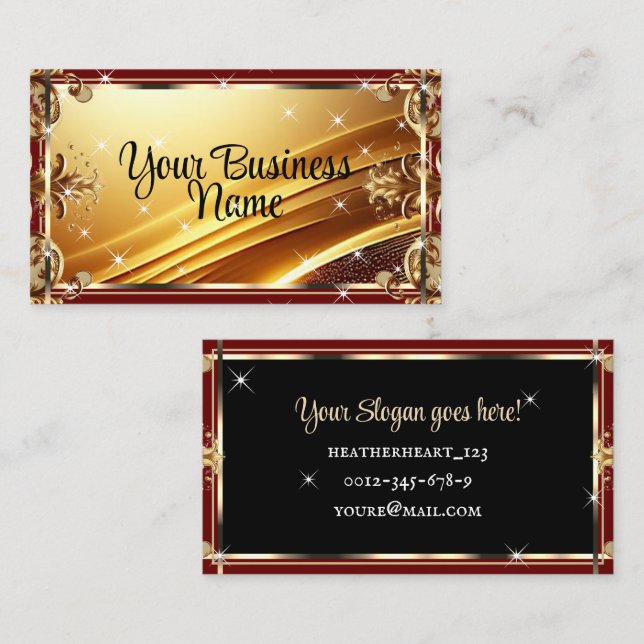 Luxury Chic Black Gold Wine Red Ombre Ornate Business Card (Front/Back)