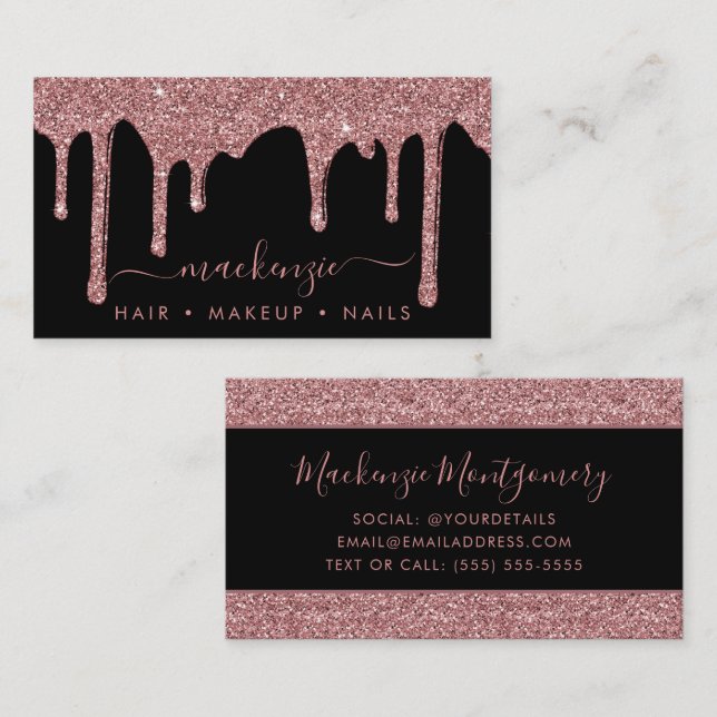 Luxury Chic Black Rose Gold Sparkle Glitter Drips Business Card (Front/Back)