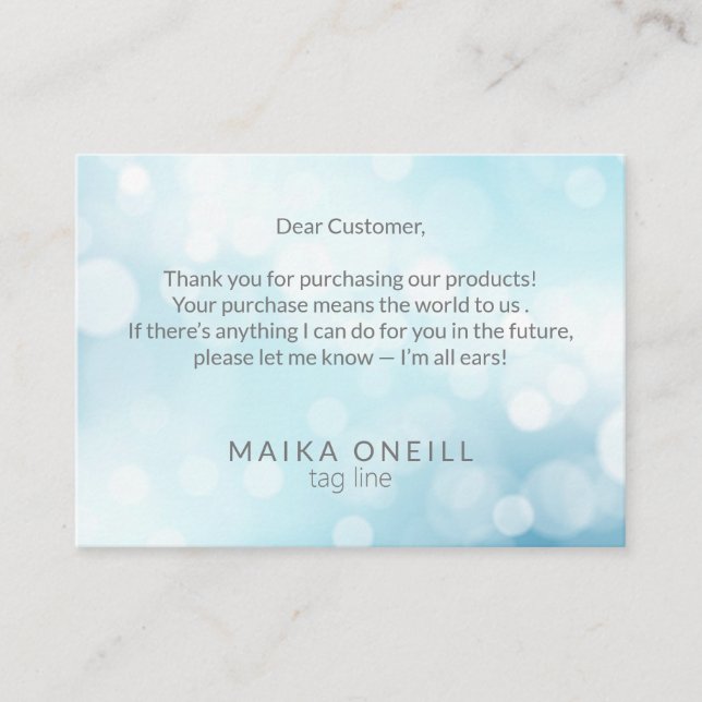Luxury Chic Blue Bokeh thank you for your purchase Business Card (Front)