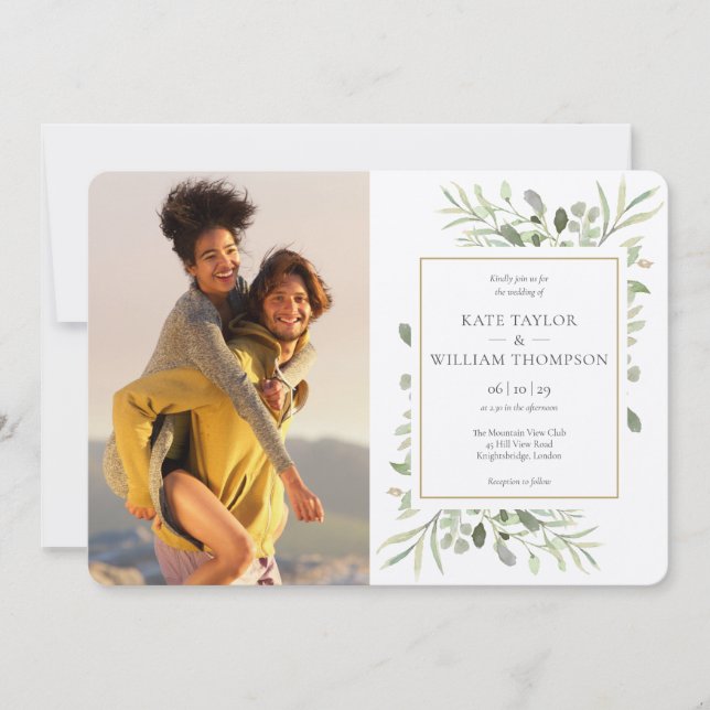 Luxury Chic Botanical Greenery Photos Wedding Invitation (Front)