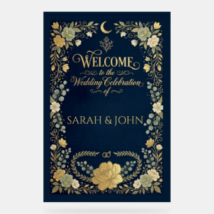 Luxury chic elegant navy floral welcome wedding acrylic sign