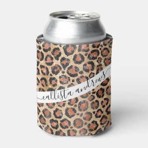 Luxury Chic Gold Black Brown Leopard Animal Print Can Cooler