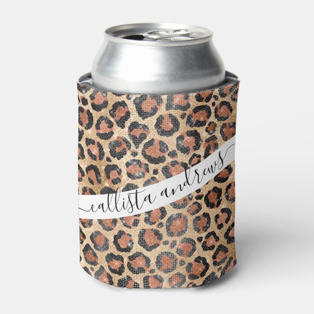 Luxury Chic Gold Black Brown Leopard Animal Print Can Cooler (Can Front)