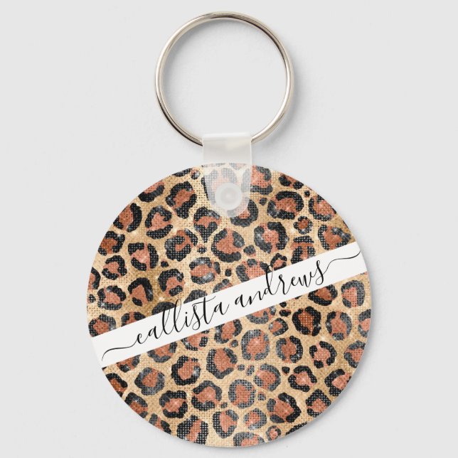 Luxury Chic Gold Black Brown Leopard Animal Print Key Ring (Front)