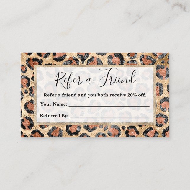 Luxury Chic Gold Black Brown Leopard Animal Print Referral Card (Front)