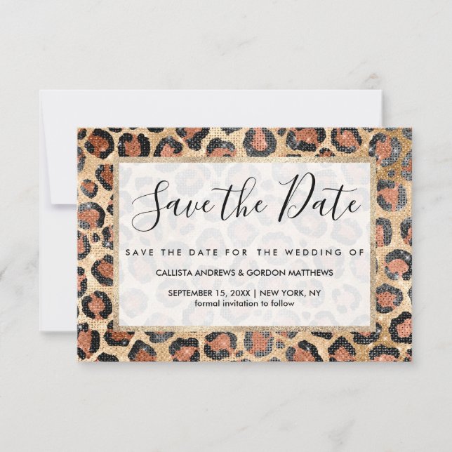 Luxury Chic Gold Black Brown Leopard Animal Print Save The Date (Front)
