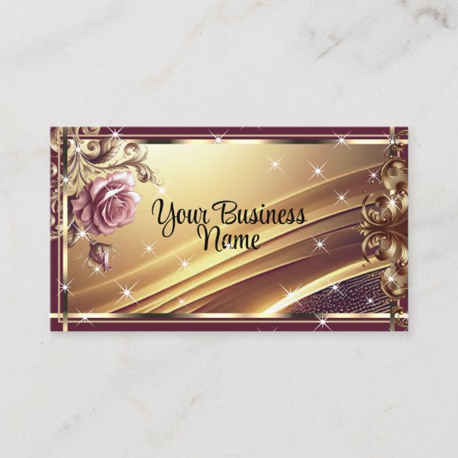 Luxury Chic Gold Pink Rose Flower Ombre Ornate Business Card (Front)