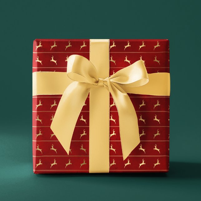 Luxury Chic Gold Reindeer Red Christmas Holidays Wrapping Paper (Creator Uploaded)