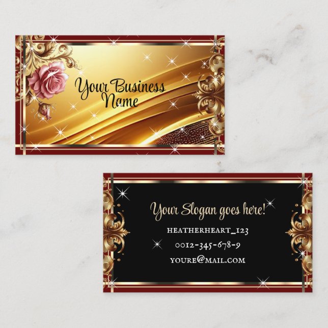 Luxury Chic Gold Wine Red Rose Flower Ombre Ornate Business Card (Front/Back)