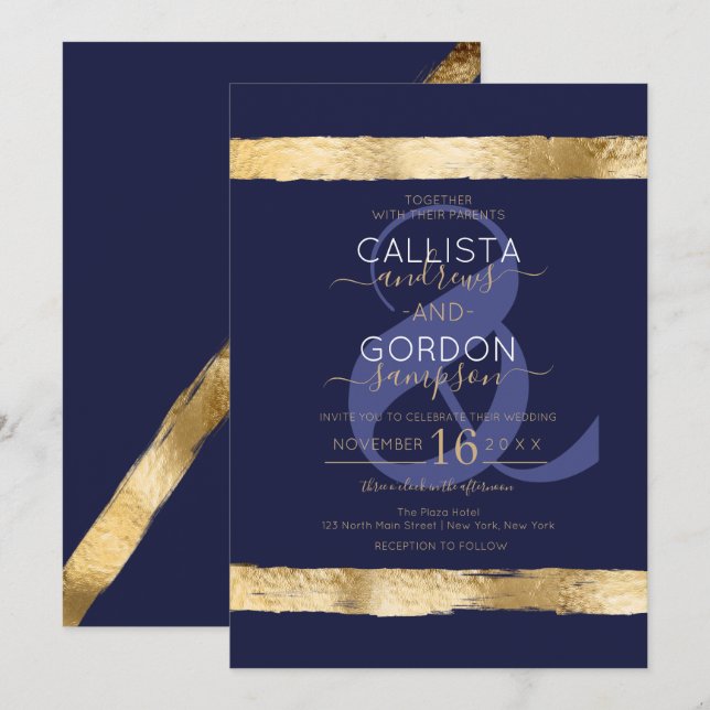 Luxury Chic Navy Gold Brushstroke Border Wedding Invitation (Front/Back)