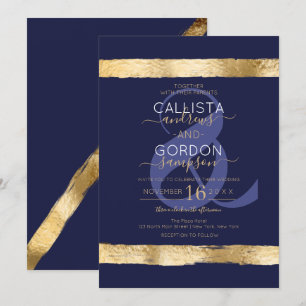 Luxury Chic Navy Gold Brushstroke Border Wedding Invitation