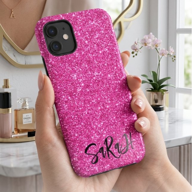 Luxury Chic Pink Glitter Sparkle Personalised Name Case-Mate iPhone Case (Creator Uploaded)