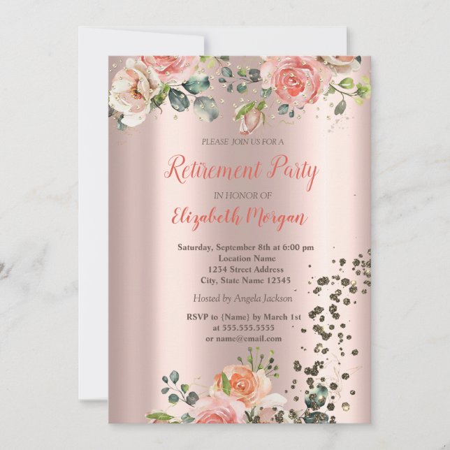 Luxury Chic Roses Diamonds Confetti Retirement  Invitation (Front)