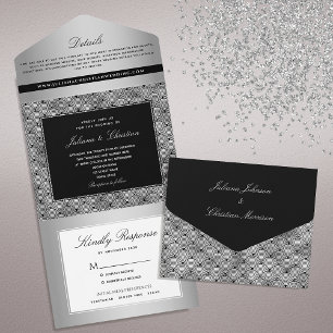 Luxury Chic Silver Black Wedding All In One Invitation