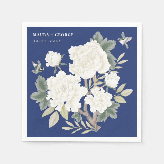 Luxury Chinoiserie Navy Blue Ivory Floral Wedding Napkin (Front)