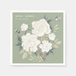Luxury Chinoiserie Sage Green Ivory Floral Wedding Napkin