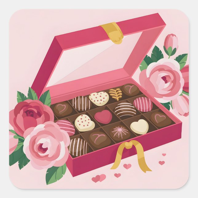 Luxury Chocolate Box with Pink Roses Square Sticker (Front)