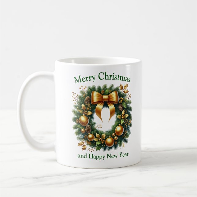 Luxury Christmas decoration wreath green and gold Coffee Mug (Left)