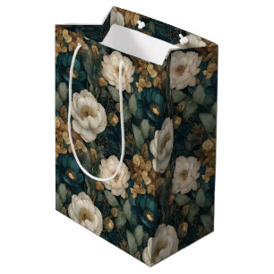 Luxury Christmas Green Gold and Cream Floral Medium Gift Bag