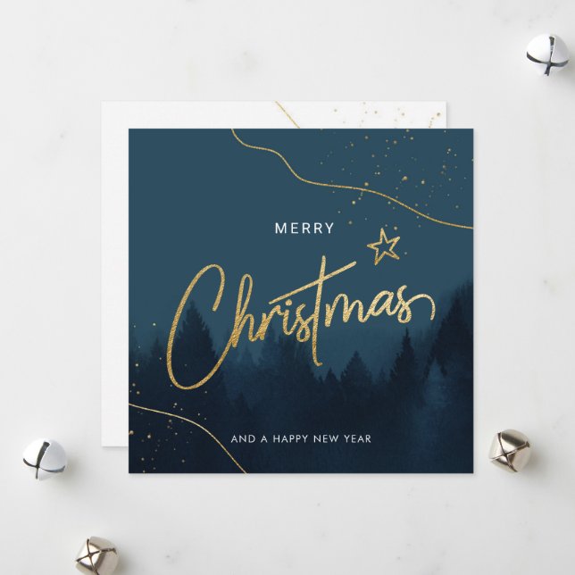 Luxury Christmas Tree Lanscape Gold Holiday Card (Front/Back In Situ)