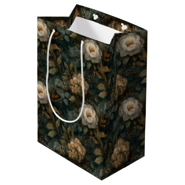Luxury Christmas Winter Green and Cream Floral Medium Gift Bag (Back Angled)