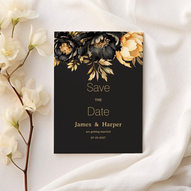 Luxury classy black gold peony flora Save the Date Invitation (Luxury classy black gold peony flora Save the Date )
