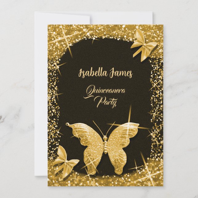 luxury classy glitter black gold Butterfly elegant Invitation (Front)
