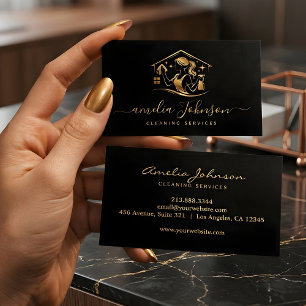Luxury Cleaning Service   Gold Housekeeping Logo   Business Card