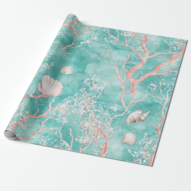 Luxury Coastal Coral Pattern Wrapping Paper (Unrolled)