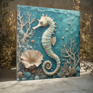 Luxury Coastal Seahorse Ocean Coral Pearl Aquablue Tile