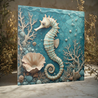 Luxury Coastal Seahorse Ocean Coral Pearl Aquablue Tile