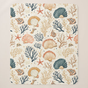 Luxury Coastal Seashell Blue Coral Peach Pattern Sherpa Blanket