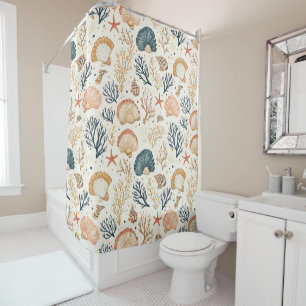 Luxury Coastal Seashell Blue Coral Peach Pattern Shower Curtain