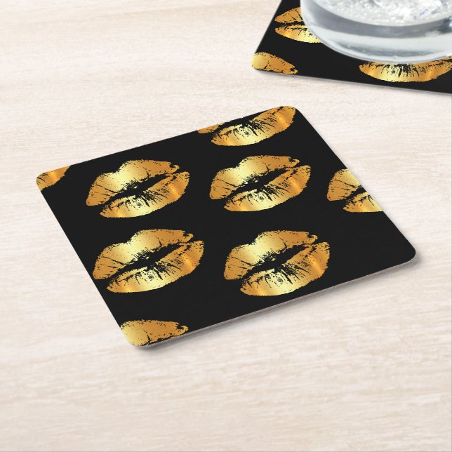 Luxury coaster with golden lips on black (Angled)