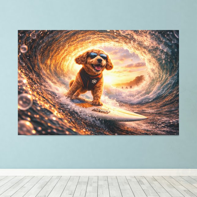 Luxury Cockapoo Surf Canvas – Ocean Dog Art Print (Insitu(Wood Floor))