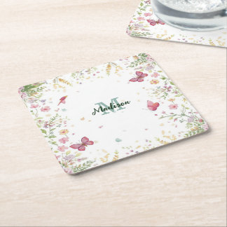Luxury Colourful Wildflower Flower blue butterfly Square Paper Coaster