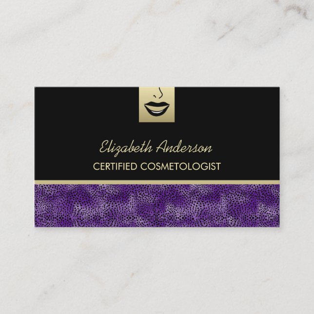 Luxury Cosmetology Purple Cheetah Makeup Artist Business Card (Front)