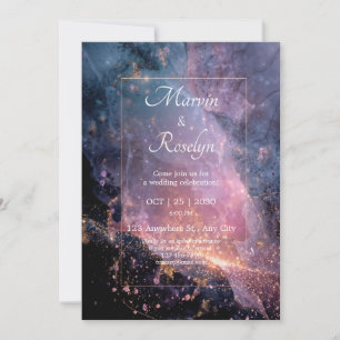 Luxury Cosmic Sunset Nebula Gold Frame Wedding Invitation